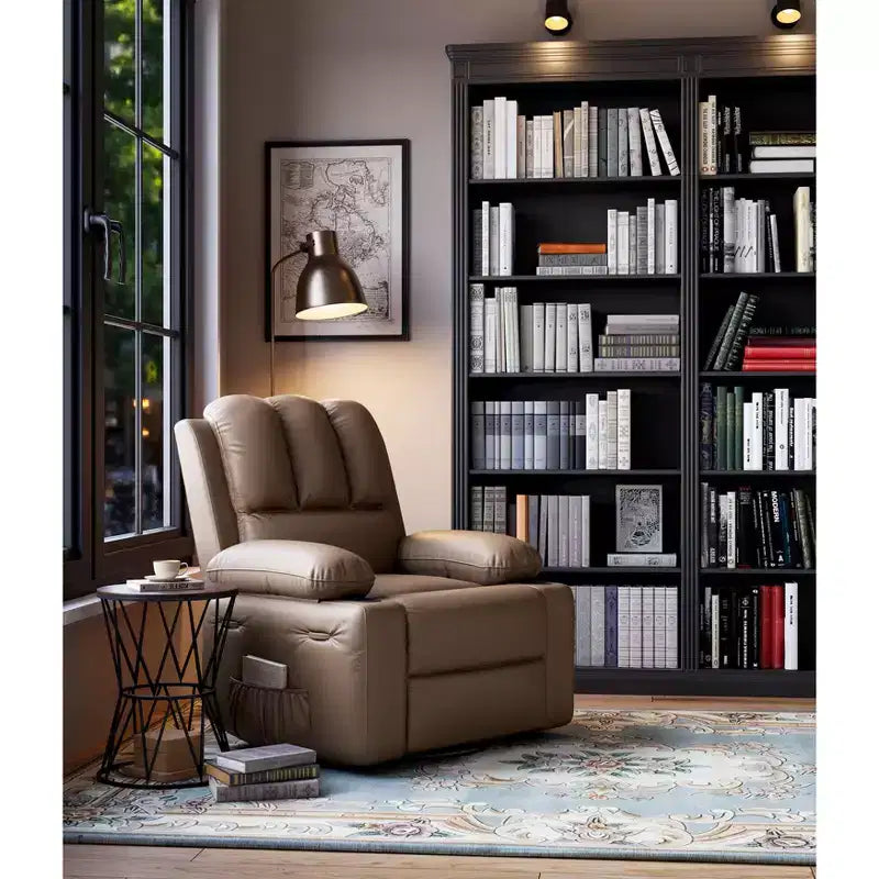 Large Leather Manual Recliner Chair with Comfortable Arms, Built-in Cup Holders, 21.2 Inch Seat Width, for Living Room Relaxation and Entertainment