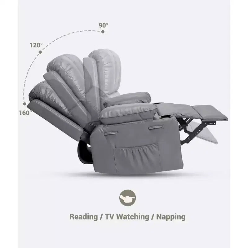 Large Leather Manual Recliner Chair with Comfortable Arms, Built-in Cup Holders, 21.2 Inch Seat Width, for Living Room Relaxation and Entertainment
