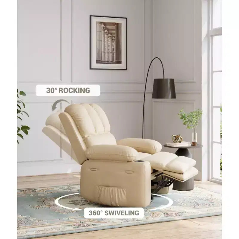 Large Leather Manual Recliner Chair with Comfortable Arms, Built-in Cup Holders, 21.2 Inch Seat Width, for Living Room Relaxation and Entertainment