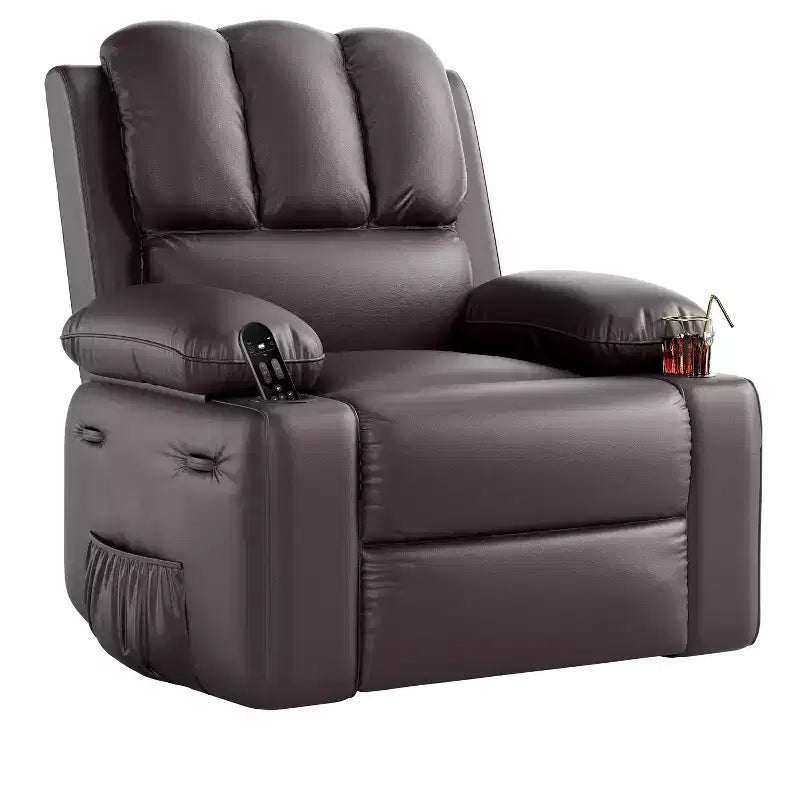 Large Leather Manual Recliner Chair with Comfortable Arms, Built-in Cup Holders, 21.2 Inch Seat Width, for Living Room Relaxation and Entertainment