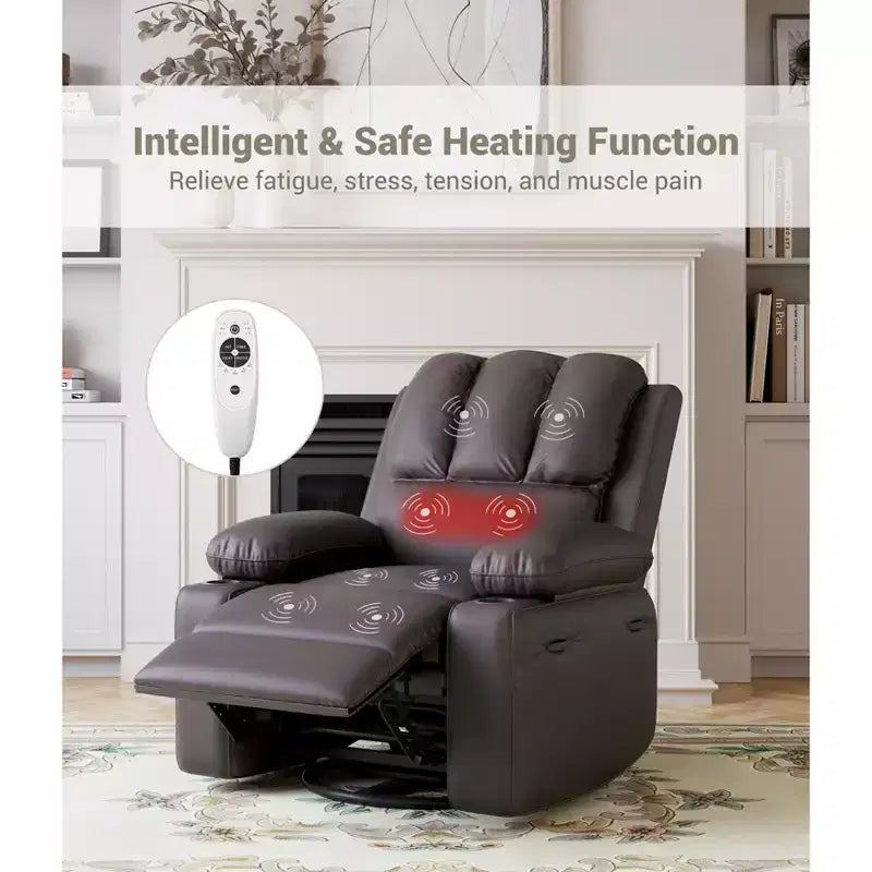 Oversized Electric Recliner Chair with Massage, PU Leather Swivel Rocker Recliner with Remote Control & Cup Holders, for Living Room Bedroom Nursery
