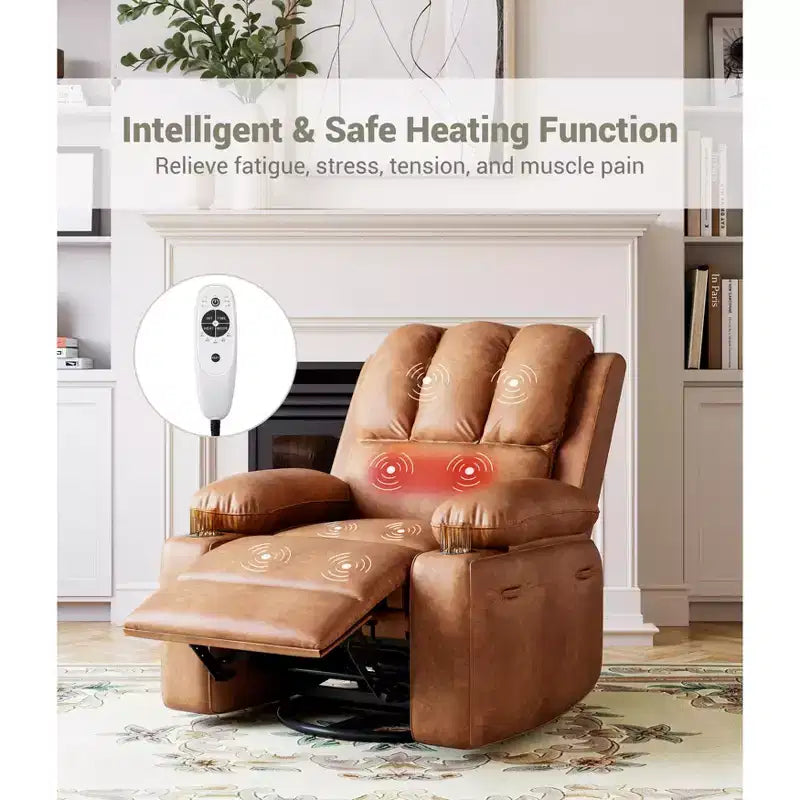 Oversized Electric Recliner Chair with Massage, PU Leather Swivel Rocker Recliner with Remote Control & Cup Holders, for Living Room Bedroom Nursery