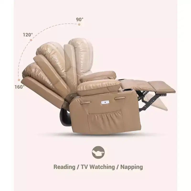 Oversized Electric Recliner Chair with Massage, PU Leather Swivel Rocker Recliner with Remote Control & Cup Holders, for Living Room Bedroom Nursery