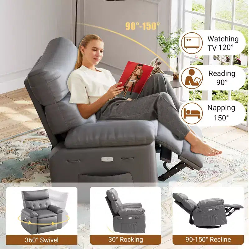 Recliner Chair for Adults, PU Leather Electric Rocker Recliner, 270 Degree Swivel Chair with Side Pocket, Modern Massage Sofa for Living Room Bedroom