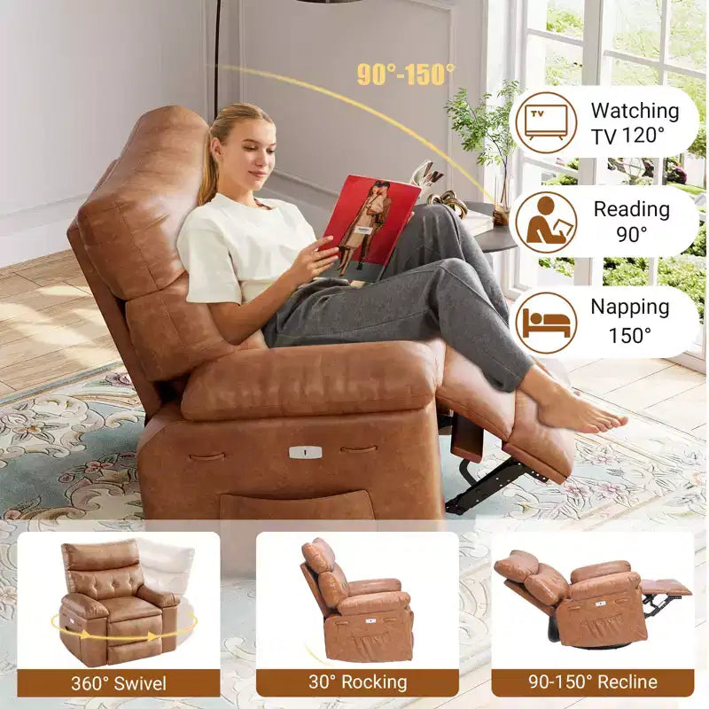 Recliner Chair for Adults, PU Leather Electric Rocker Recliner, 270 Degree Swivel Chair with Side Pocket, Modern Massage Sofa for Living Room Bedroom