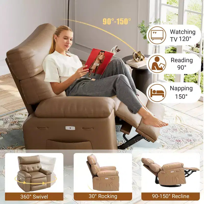 Recliner Chair for Adults, PU Leather Electric Rocker Recliner, 270 Degree Swivel Chair with Side Pocket, Modern Massage Sofa for Living Room Bedroom