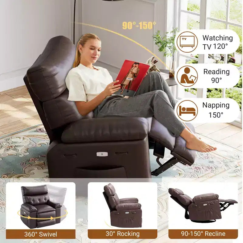 Recliner Chair for Adults, PU Leather Electric Rocker Recliner, 270 Degree Swivel Chair with Side Pocket, Modern Massage Sofa for Living Room Bedroom