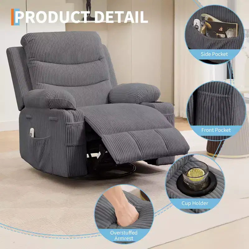 Leather Recliner Chair for Bedroom , Oversized Manual Reclining Rocking Chair, 360 Swivel Glider with Cup Holder