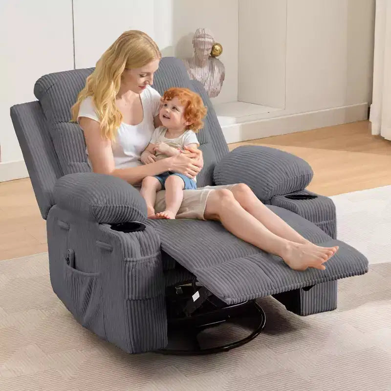Leather Recliner Chair for Bedroom , Oversized Manual Reclining Rocking Chair, 360 Swivel Glider with Cup Holder