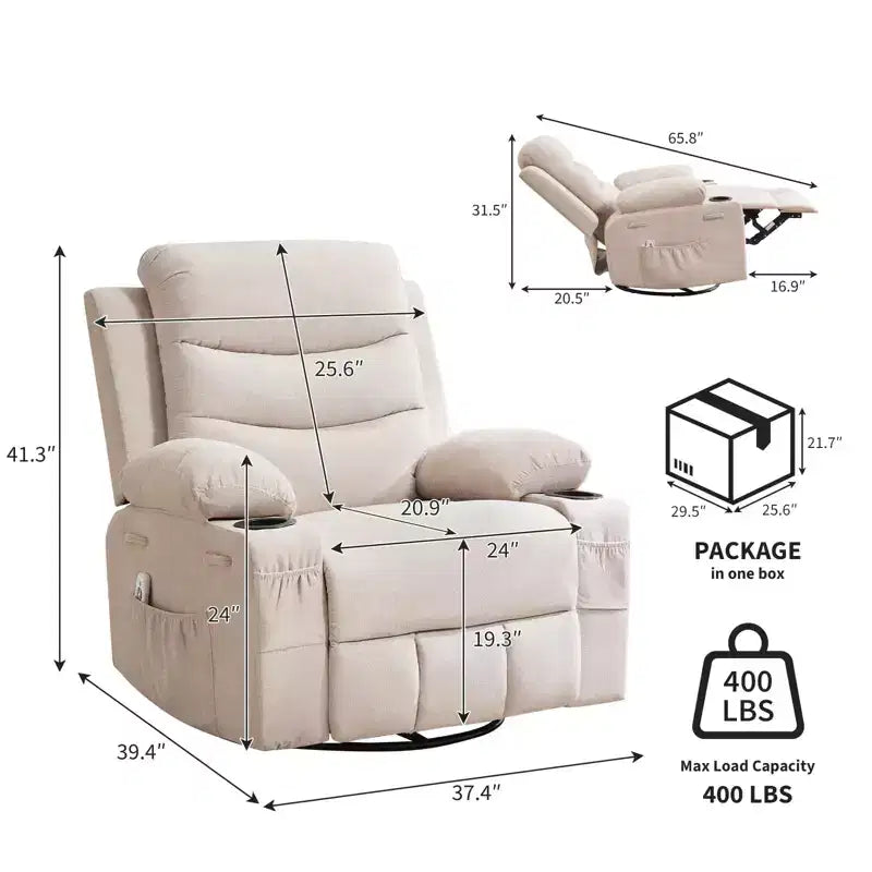 Leather Recliner Chair for Bedroom , Oversized Manual Reclining Rocking Chair, 360 Swivel Glider with Cup Holder