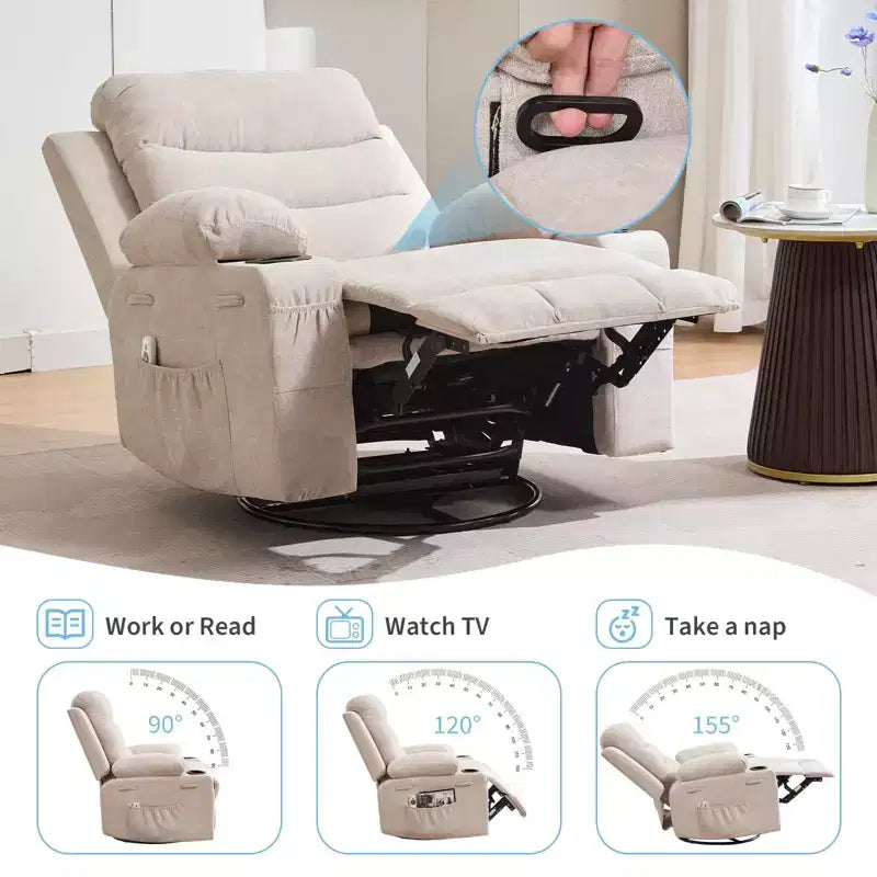 Leather Recliner Chair for Bedroom , Oversized Manual Reclining Rocking Chair, 360 Swivel Glider with Cup Holder