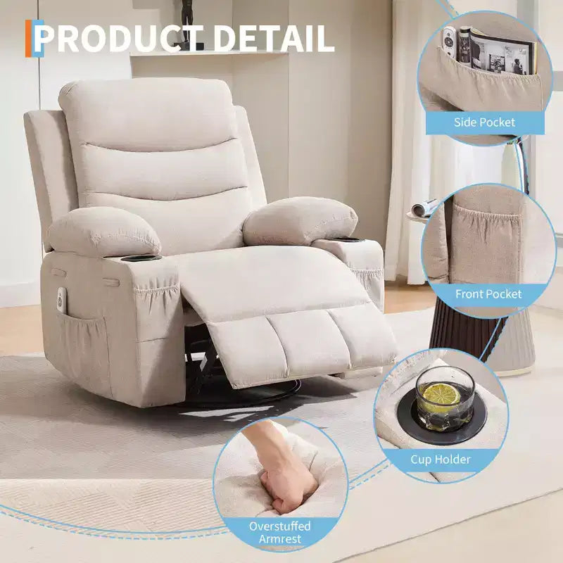 Leather Recliner Chair for Bedroom , Oversized Manual Reclining Rocking Chair, 360 Swivel Glider with Cup Holder