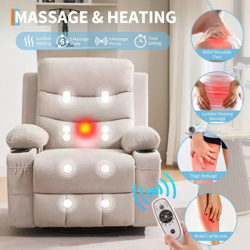 Leather Recliner Chair for Bedroom , Oversized Manual Reclining Rocking Chair, 360 Swivel Glider with Cup Holder