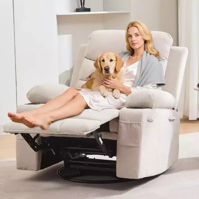 Leather Recliner Chair for Bedroom , Oversized Manual Reclining Rocking Chair, 360 Swivel Glider with Cup Holder