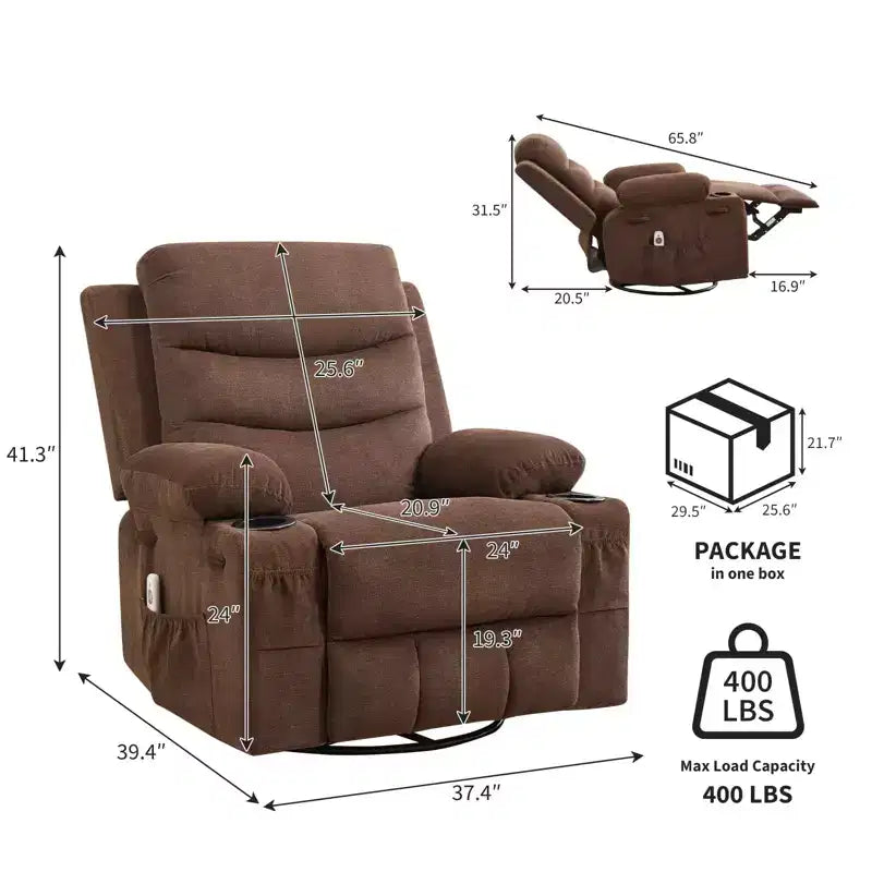 Leather Recliner Chair for Bedroom , Oversized Manual Reclining Rocking Chair, 360 Swivel Glider with Cup Holder