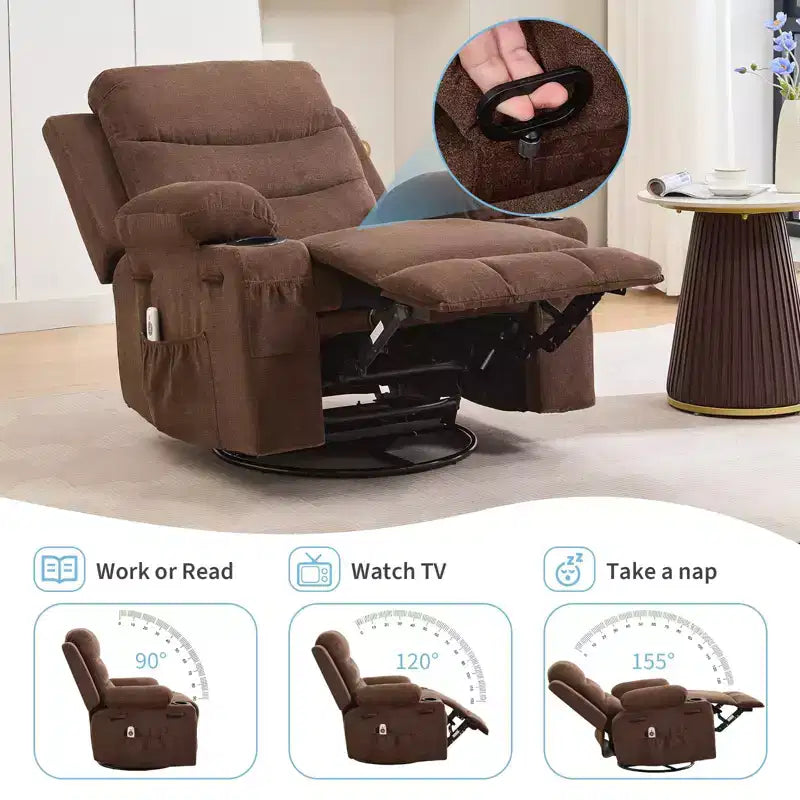 Leather Recliner Chair for Bedroom , Oversized Manual Reclining Rocking Chair, 360 Swivel Glider with Cup Holder