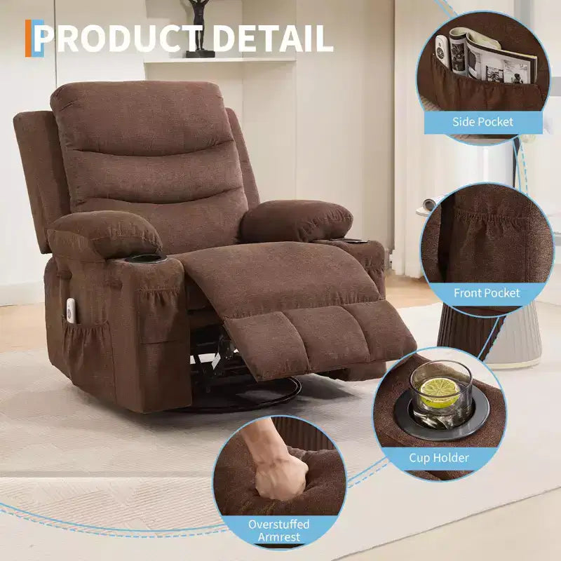 Leather Recliner Chair for Bedroom , Oversized Manual Reclining Rocking Chair, 360 Swivel Glider with Cup Holder