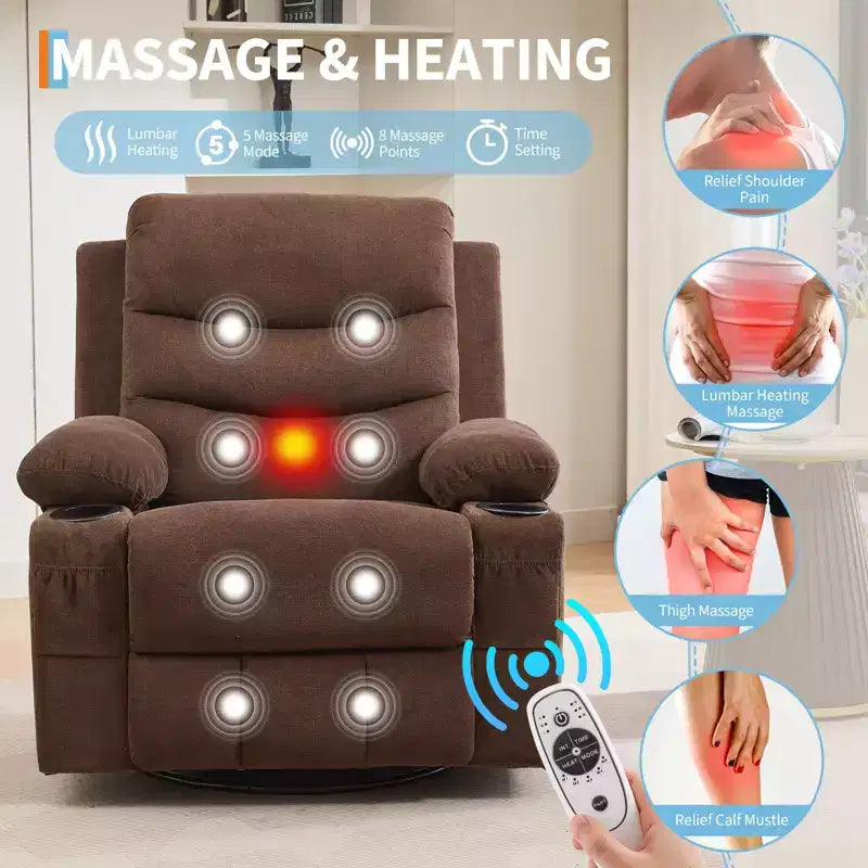 Leather Recliner Chair for Bedroom , Oversized Manual Reclining Rocking Chair, 360 Swivel Glider with Cup Holder