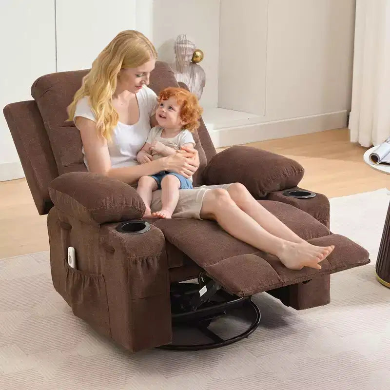 Leather Recliner Chair for Bedroom , Oversized Manual Reclining Rocking Chair, 360 Swivel Glider with Cup Holder