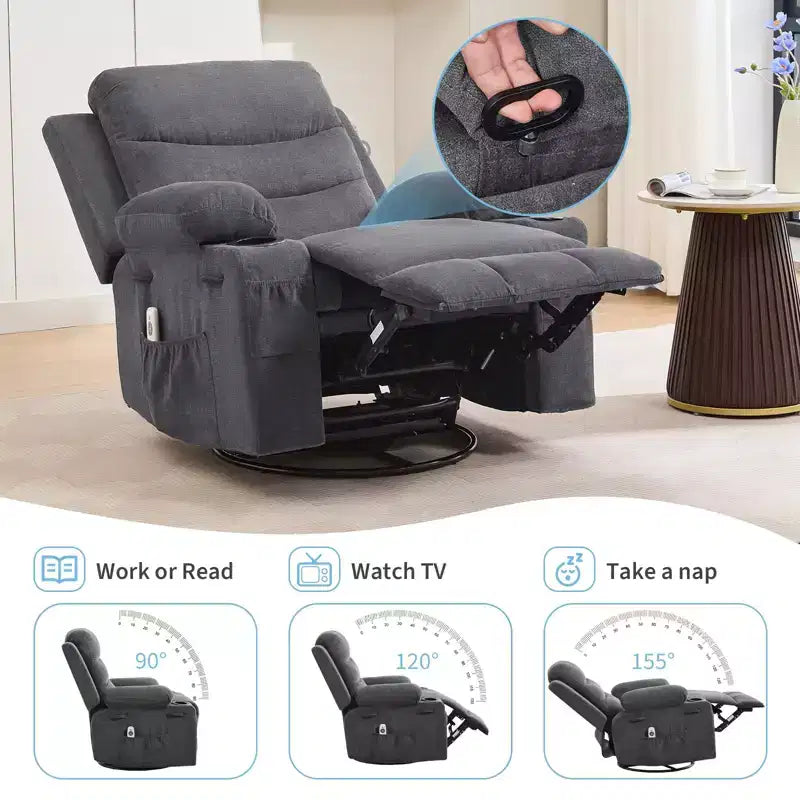 Leather Recliner Chair for Bedroom , Oversized Manual Reclining Rocking Chair, 360 Swivel Glider with Cup Holder