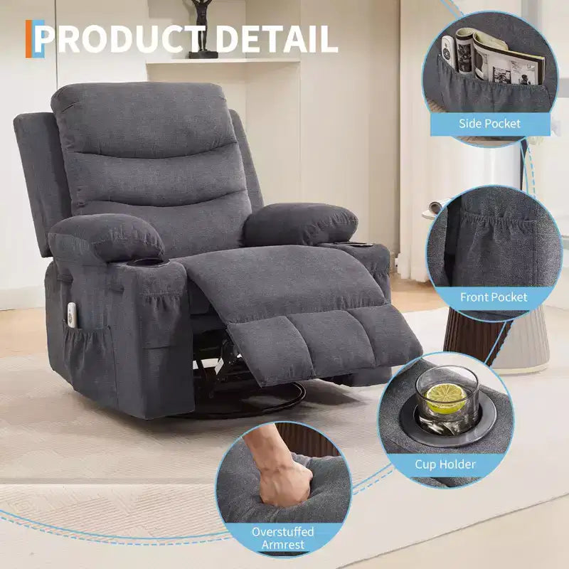 Leather Recliner Chair for Bedroom , Oversized Manual Reclining Rocking Chair, 360 Swivel Glider with Cup Holder