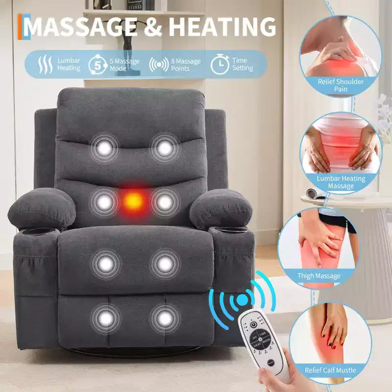 Leather Recliner Chair for Bedroom , Oversized Manual Reclining Rocking Chair, 360 Swivel Glider with Cup Holder