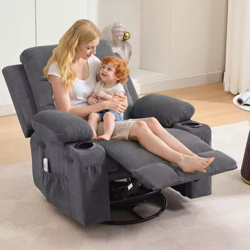 Leather Recliner Chair for Bedroom , Oversized Manual Reclining Rocking Chair, 360 Swivel Glider with Cup Holder