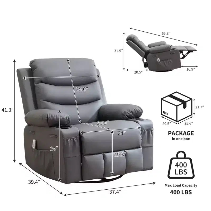 Leather Recliner Chair for Bedroom , Oversized Manual Reclining Rocking Chair, 360 Swivel Glider with Cup Holder