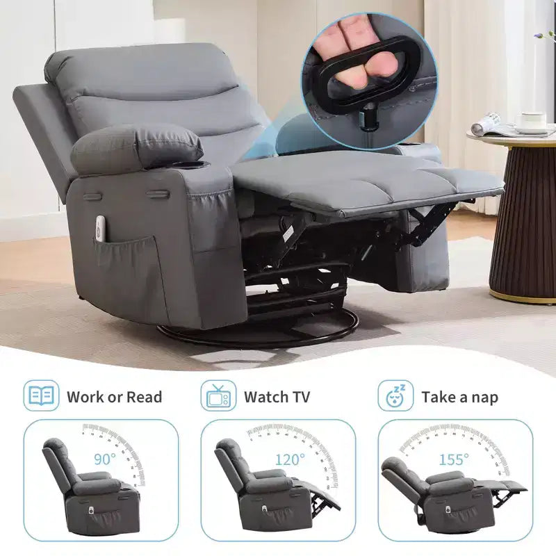Leather Recliner Chair for Bedroom , Oversized Manual Reclining Rocking Chair, 360 Swivel Glider with Cup Holder