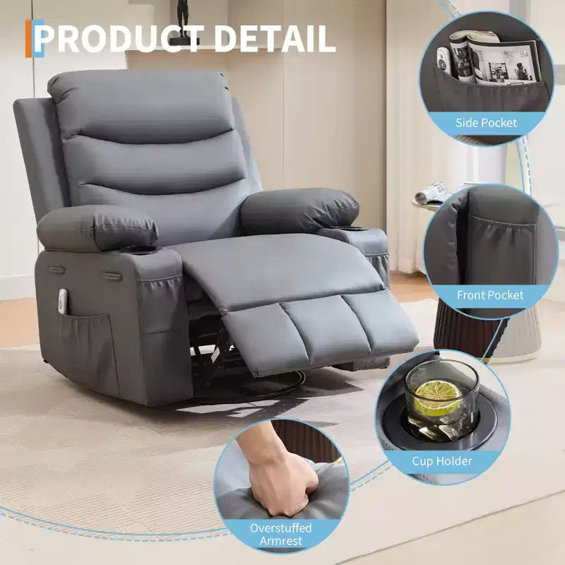 Leather Recliner Chair for Bedroom , Oversized Manual Reclining Rocking Chair, 360 Swivel Glider with Cup Holder
