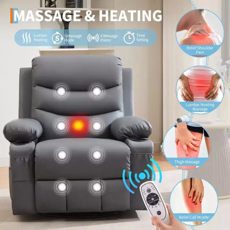 Leather Recliner Chair for Bedroom , Oversized Manual Reclining Rocking Chair, 360 Swivel Glider with Cup Holder