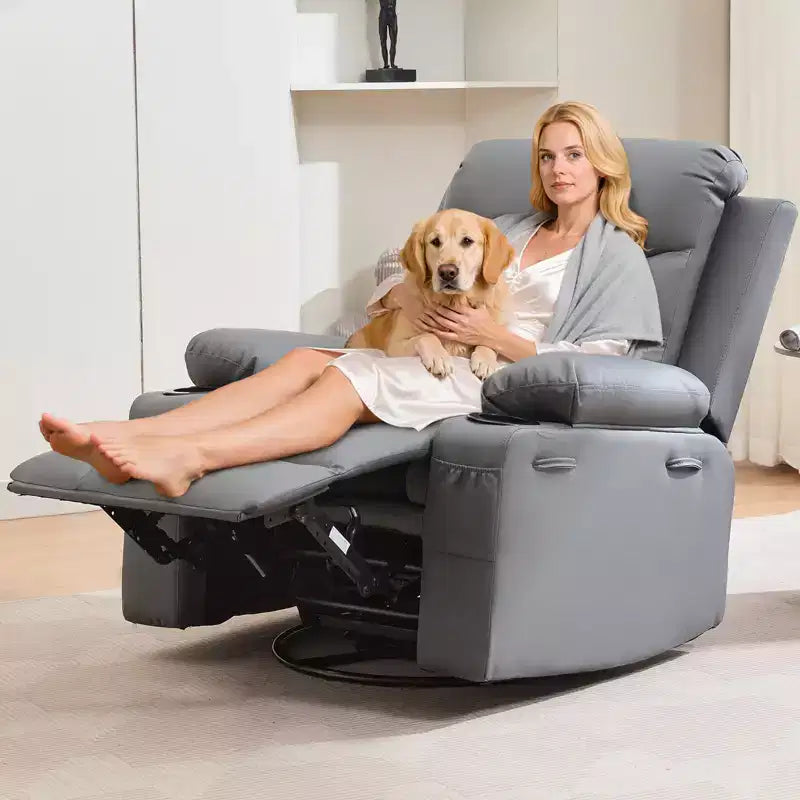 Leather Recliner Chair for Bedroom , Oversized Manual Reclining Rocking Chair, 360 Swivel Glider with Cup Holder