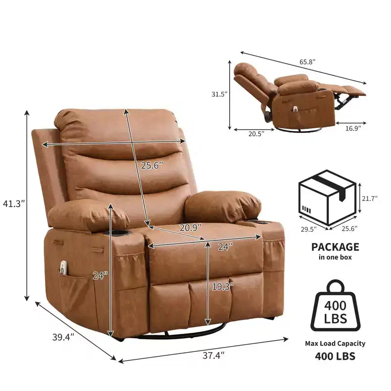 Leather Recliner Chair for Bedroom , Oversized Manual Reclining Rocking Chair, 360 Swivel Glider with Cup Holder