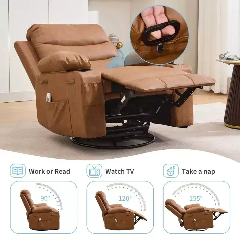 Leather Recliner Chair for Bedroom , Oversized Manual Reclining Rocking Chair, 360 Swivel Glider with Cup Holder