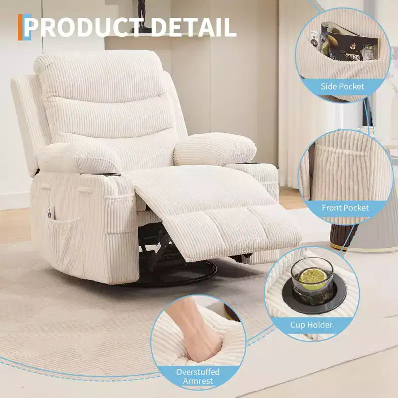 Leather Recliner Chair for Bedroom , Oversized Manual Reclining Rocking Chair, 360 Swivel Glider with Cup Holder