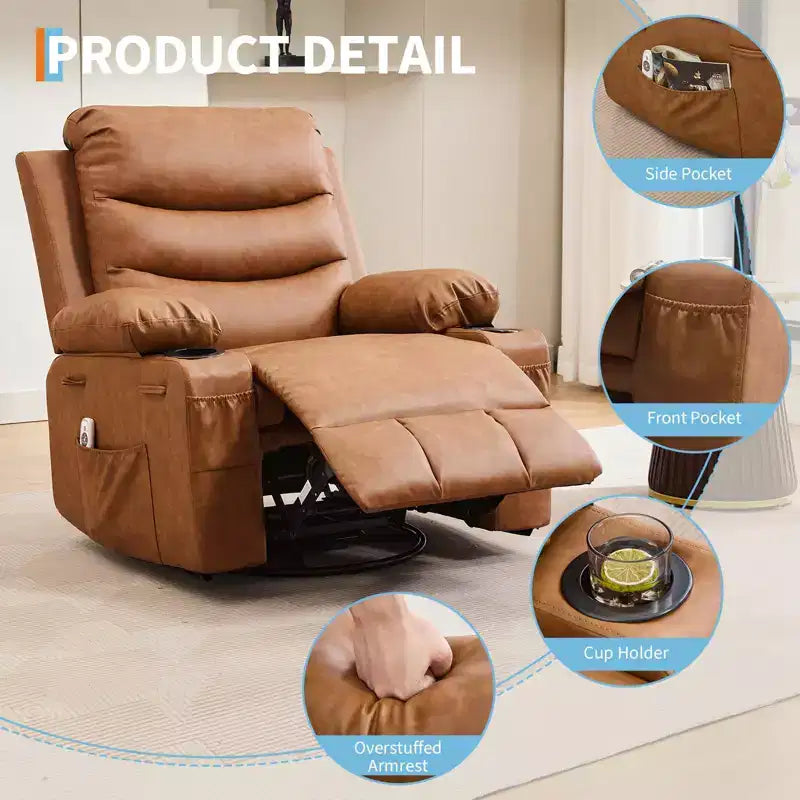 Leather Recliner Chair for Bedroom , Oversized Manual Reclining Rocking Chair, 360 Swivel Glider with Cup Holder