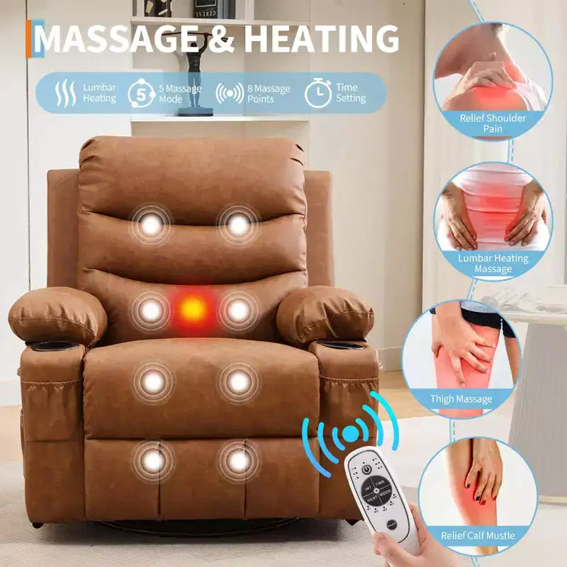 Leather Recliner Chair for Bedroom , Oversized Manual Reclining Rocking Chair, 360 Swivel Glider with Cup Holder