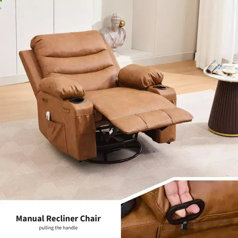 Leather Recliner Chair for Bedroom , Oversized Manual Reclining Rocking Chair, 360 Swivel Glider with Cup Holder