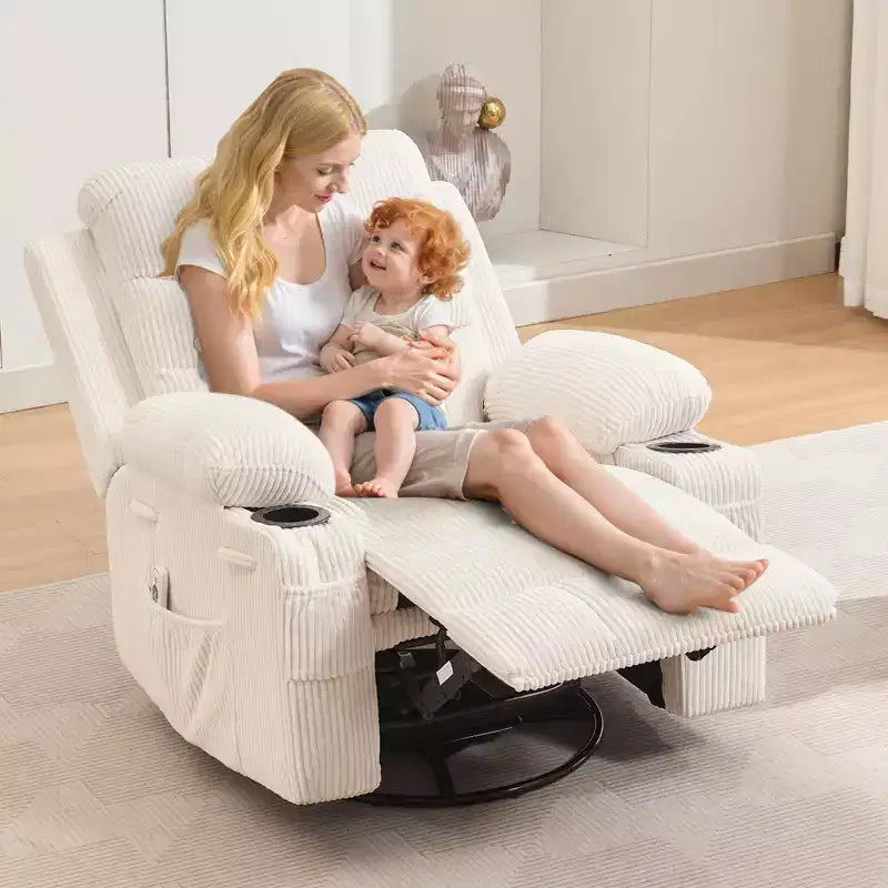 Leather Recliner Chair for Bedroom , Oversized Manual Reclining Rocking Chair, 360 Swivel Glider with Cup Holder