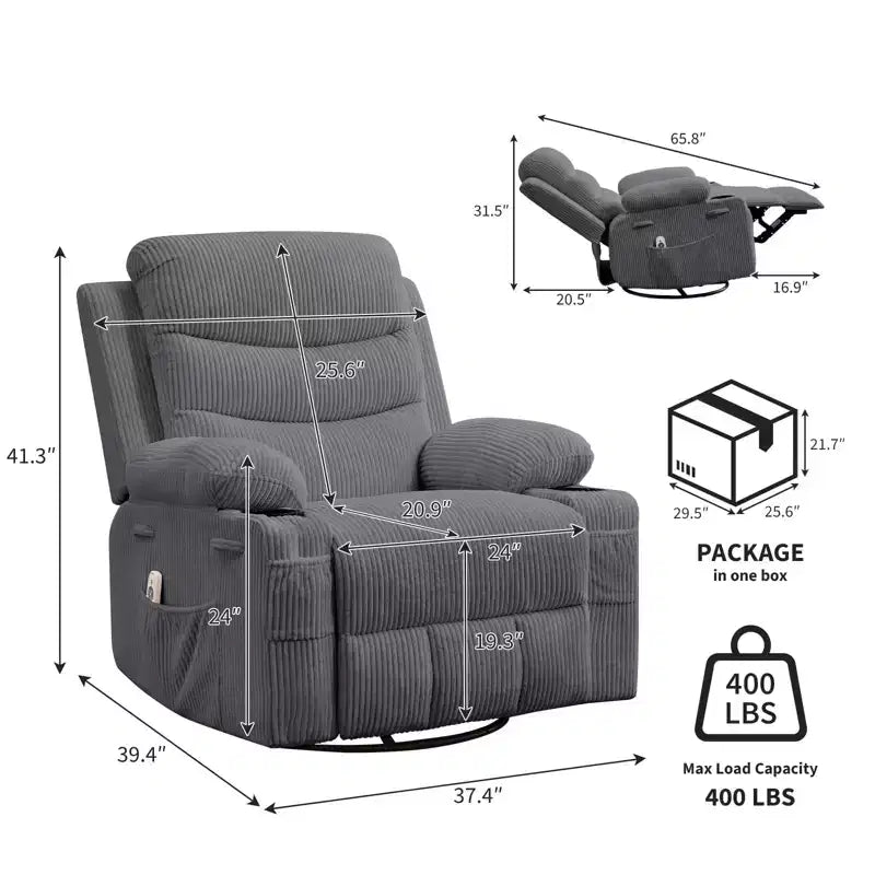 Leather Recliner Chair for Bedroom , Oversized Manual Reclining Rocking Chair, 360 Swivel Glider with Cup Holder