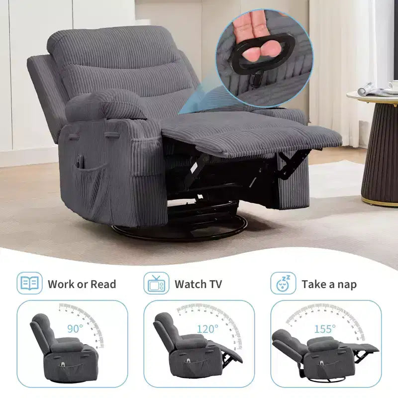 Leather Recliner Chair for Bedroom , Oversized Manual Reclining Rocking Chair, 360 Swivel Glider with Cup Holder