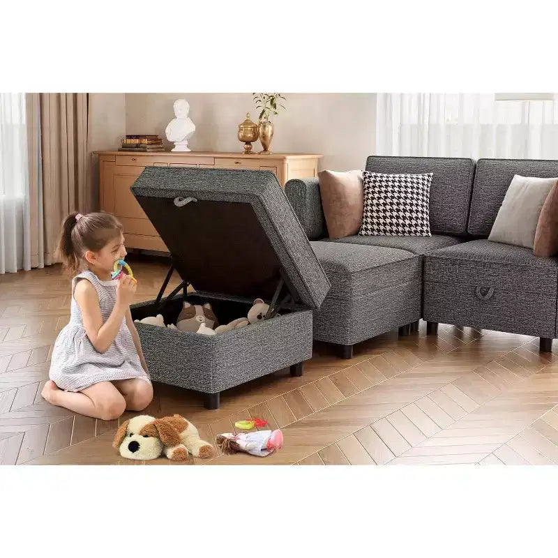 Sectional Sofa with Storage Ottoman - Adjustable L-Shaped Couch for Living Room (Chenille Fabric)