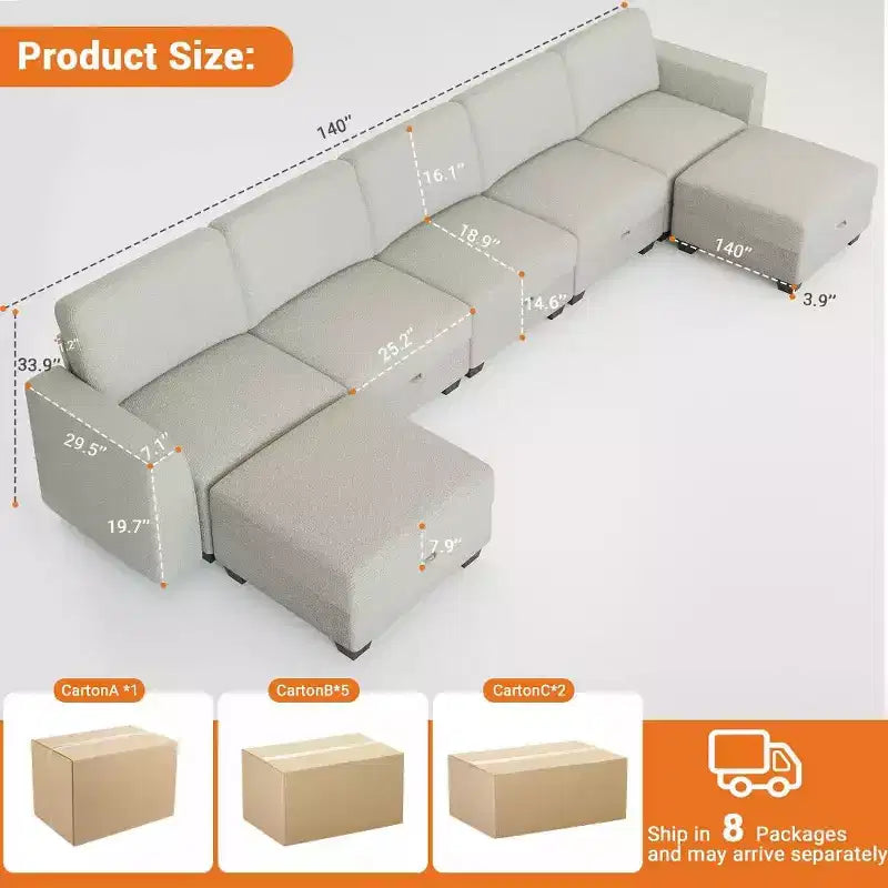 140 Modular Sectional Sofa - U-Shaped Corduroy Couch with Storage Ottomans (Grey)