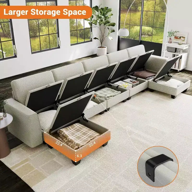 140 Modular Sectional Sofa - U-Shaped Corduroy Couch with Storage Ottomans (Grey)