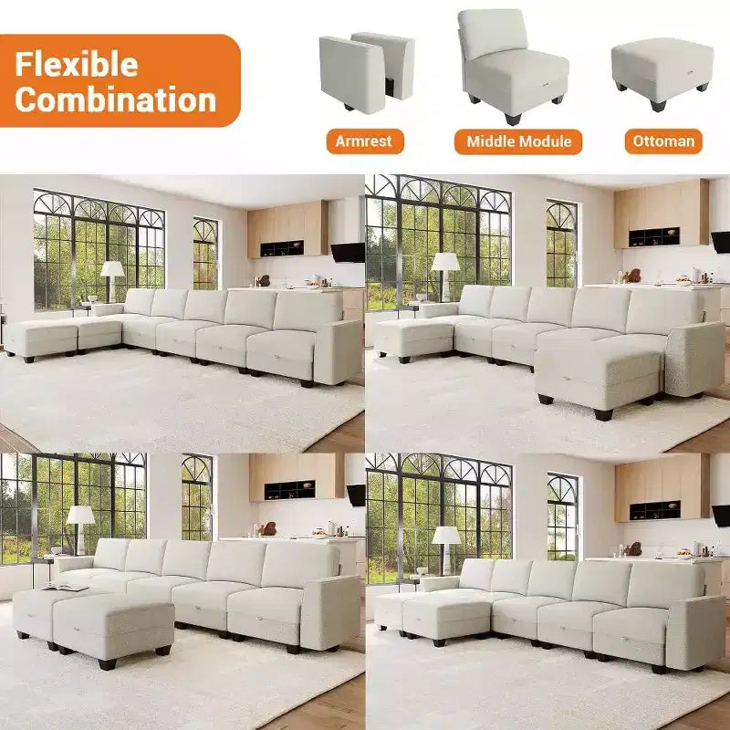 140 Modular Sectional Sofa - U-Shaped Corduroy Couch with Storage Ottomans (Grey)
