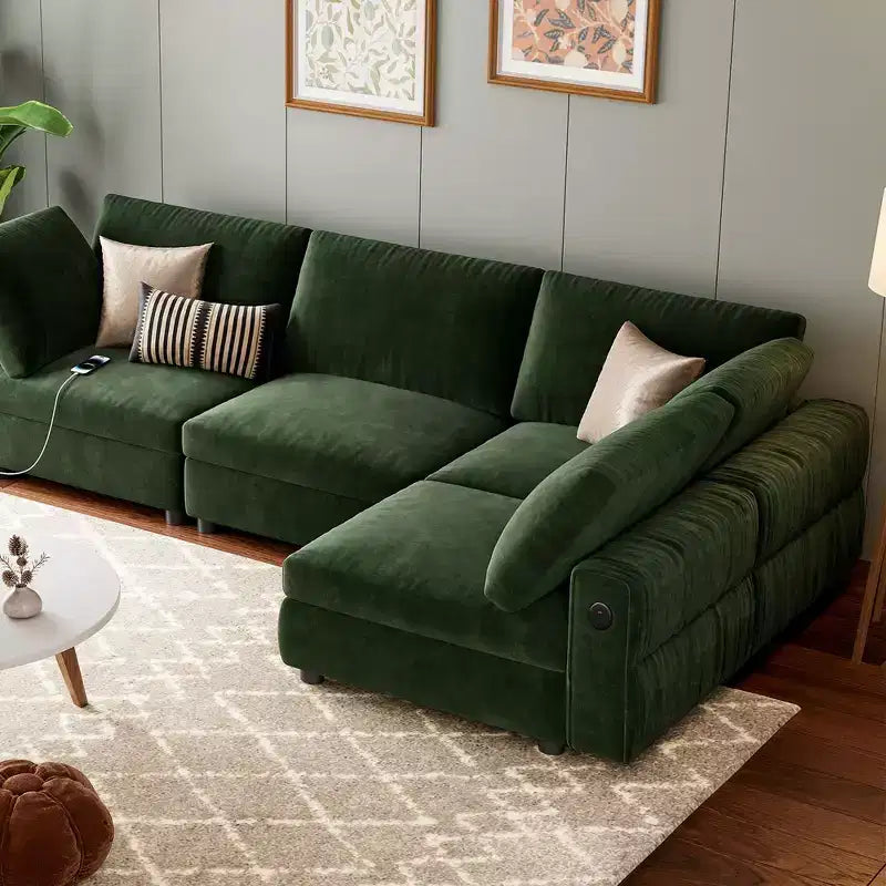 105 Modular Sectional Sofa - L-Shaped Velvet Couch with USB Charging (Emerald Green)