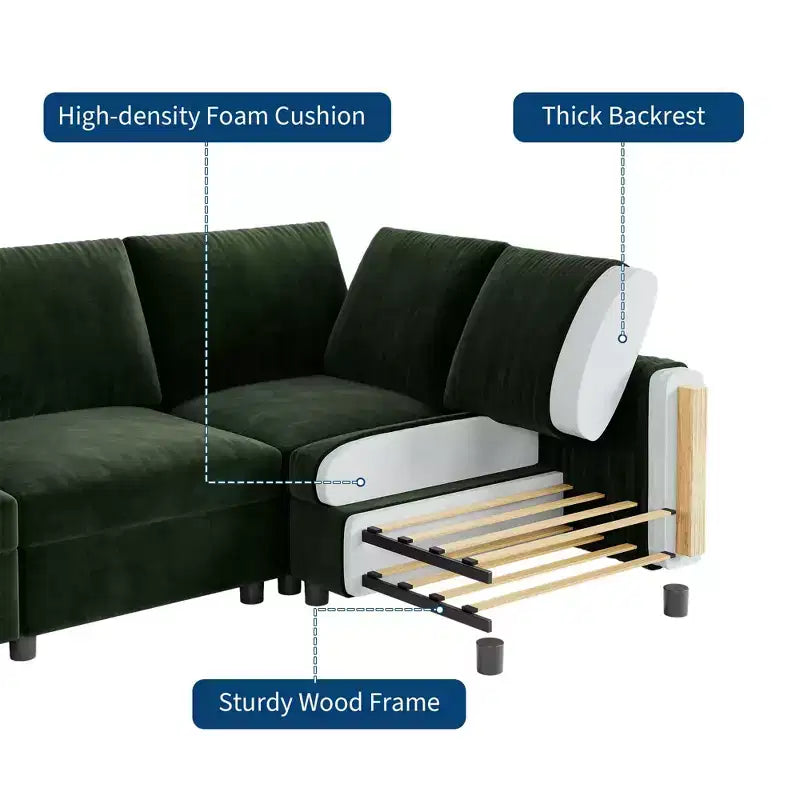 105 Modular Sectional Sofa - L-Shaped Velvet Couch with USB Charging (Emerald Green)