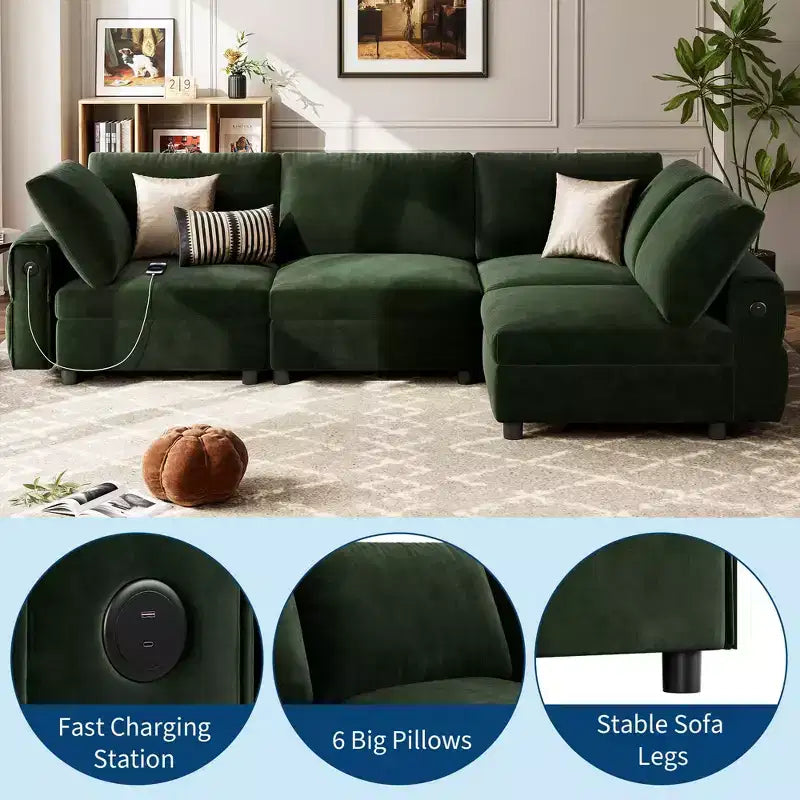 105 Modular Sectional Sofa - L-Shaped Velvet Couch with USB Charging (Emerald Green)