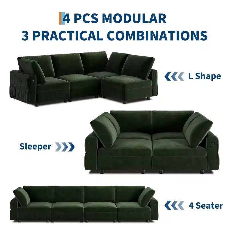 105 Modular Sectional Sofa - L-Shaped Velvet Couch with USB Charging (Emerald Green)