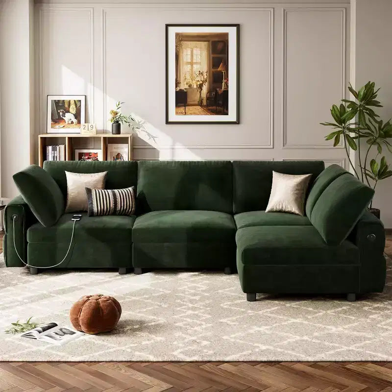 105 Modular Sectional Sofa - L-Shaped Velvet Couch with USB Charging (Emerald Green)